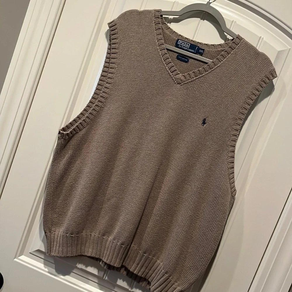 Tan taupe Polo Ralph Lauren cotton sweater v neck vest XXL preppy classic